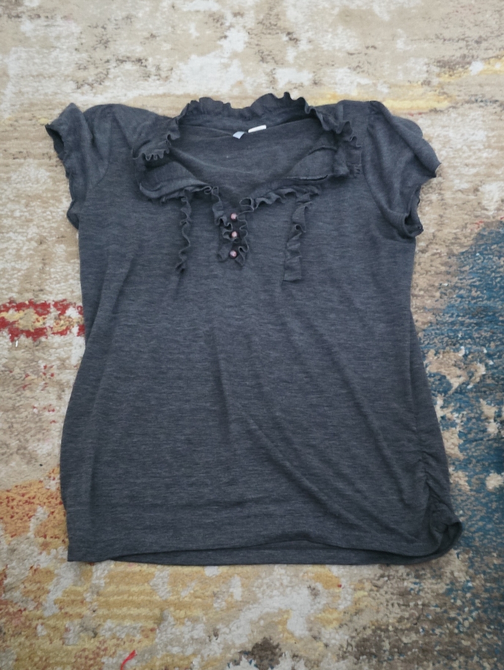 Macy's Women's Charcoal Gray Ruffle Henley Short Sleeve Top